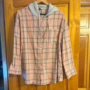 SHEIN Pink Checkered Shirt with Gray Hood
